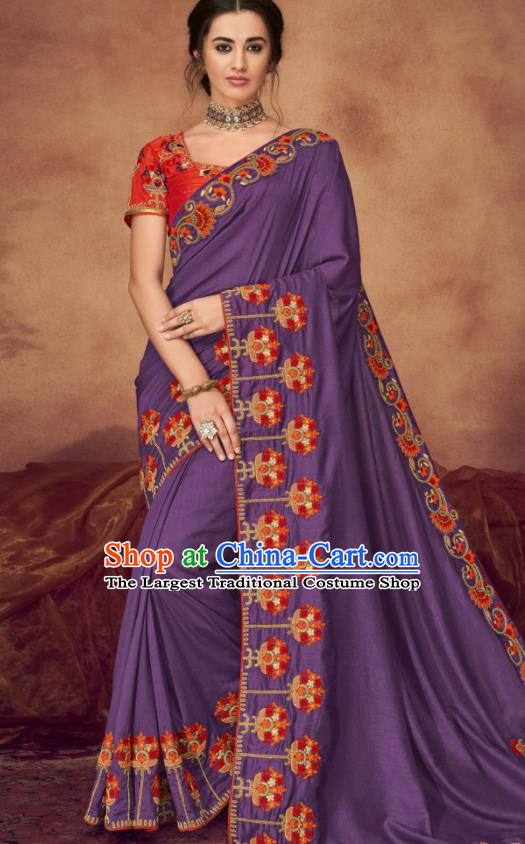 Indian Traditional Court Bollywood Embroidered Purple Sari Dress Asian India National Festival Costumes for Women