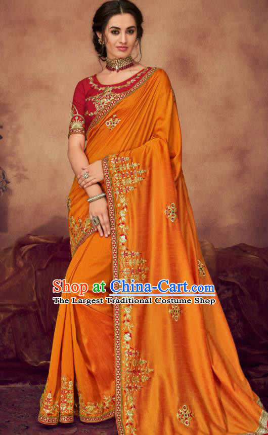 Indian Traditional Court Bollywood Embroidered Orange Sari Dress Asian India National Festival Costumes for Women