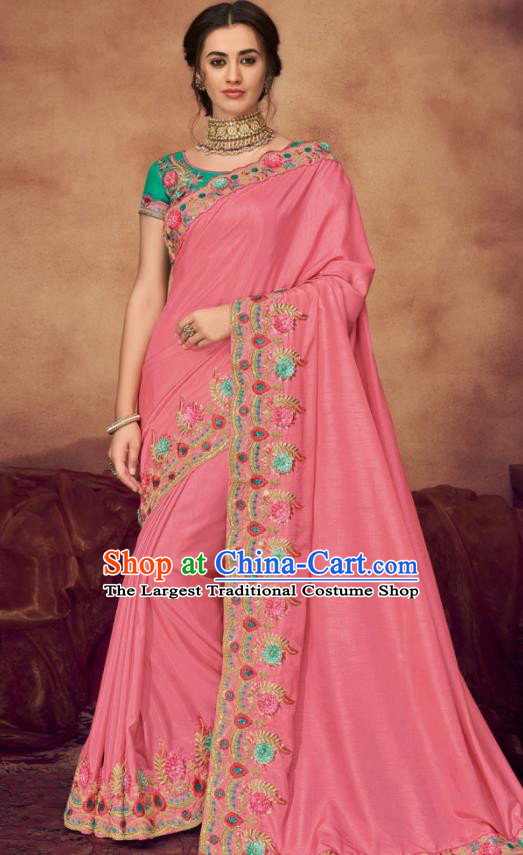 Indian Traditional Court Bollywood Embroidered Pink Sari Dress Asian India National Festival Costumes for Women