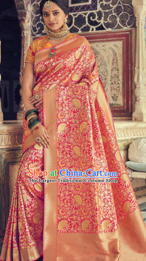 Indian Traditional Festival Rosy Silk Sari Dress Asian India National Court Bollywood Costumes for Women