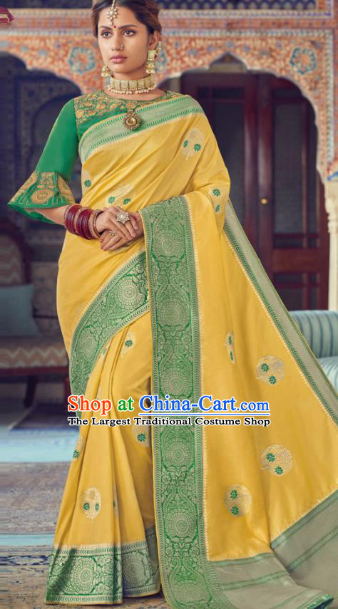 Indian Traditional Festival Yellow Silk Sari Dress Asian India National Court Bollywood Costumes for Women
