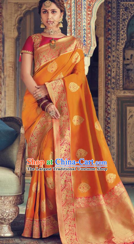 Indian Traditional Festival Orange Silk Sari Dress Asian India National Court Bollywood Costumes for Women