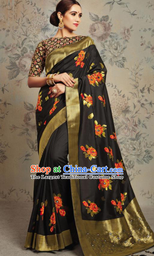 Indian Traditional Festival Jacquard Black Sari Dress Asian India National Court Bollywood Costumes for Women