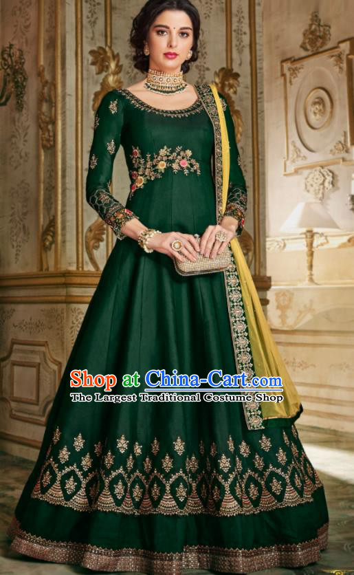 Indian Traditional Festival Deep Green Anarkali Dress Asian India National Court Bollywood Costumes for Women