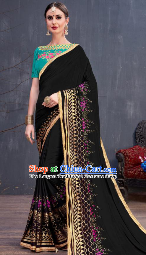 Indian Traditional Festival Black Georgette Sari Dress Asian India National Court Bollywood Costumes for Women
