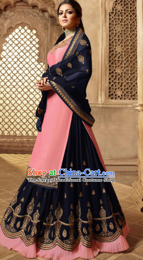 Asian Indian Embroidered Pink Satin Blouse and Navy Skirt India Traditional Lehenga Choli Costumes Complete Set for Women