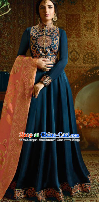 Indian Traditional Festival Navy Satin Anarkali Dress Asian India National Court Bollywood Costumes for Women