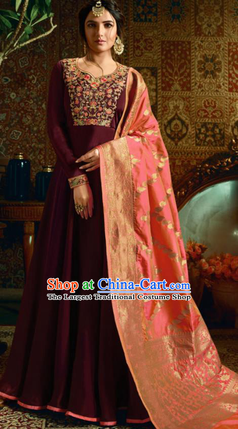 Indian Traditional Festival Wine Red Satin Anarkali Dress Asian India National Court Bollywood Costumes for Women