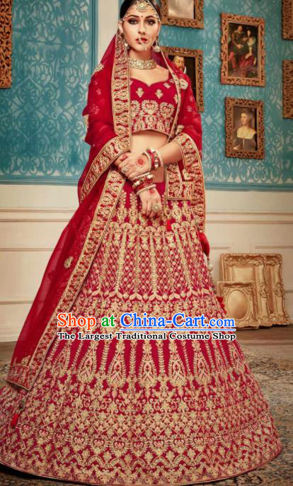 Indian Traditional Wedding Bride Lehenga Embroidered Red Dress Asian India National Court Bollywood Costumes for Women