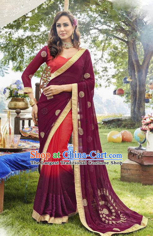 Traditional Indian Embroidered Purple Georgette Sari Dress Asian India National Bollywood Costumes for Women