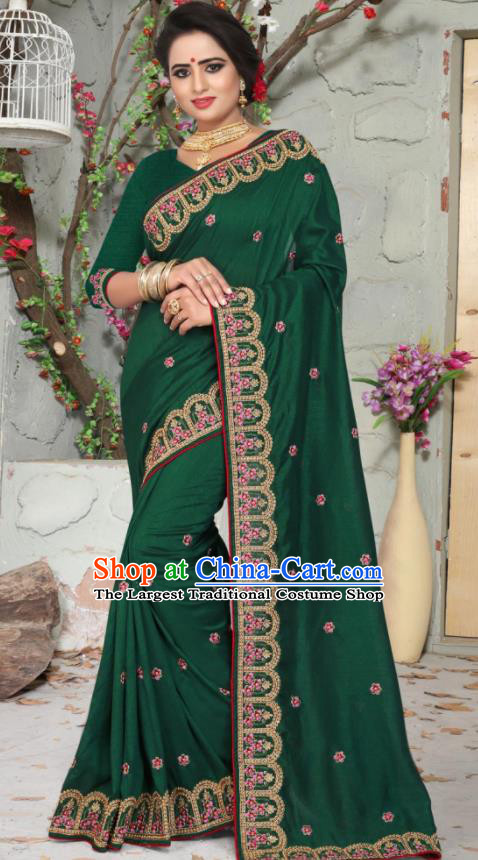 Traditional Indian Embroidered Green Silk Sari Dress Asian India National Bollywood Costumes for Women