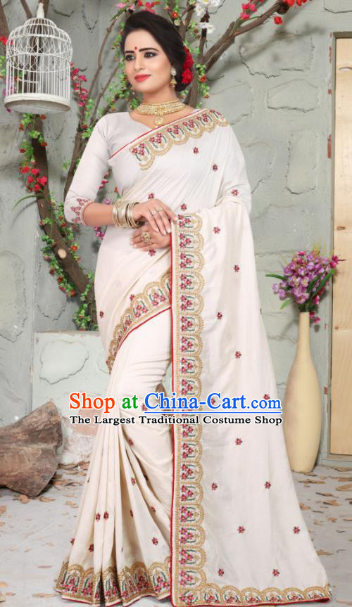 Traditional Indian Embroidered White Silk Sari Dress Asian India National Bollywood Costumes for Women