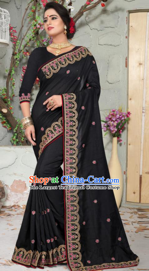 Traditional Indian Embroidered Black Silk Sari Dress Asian India National Bollywood Costumes for Women