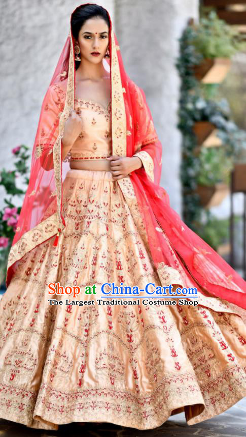 Traditional Indian Embroidered Lehenga Apricot Satin Dress Asian India National Bollywood Costumes for Women