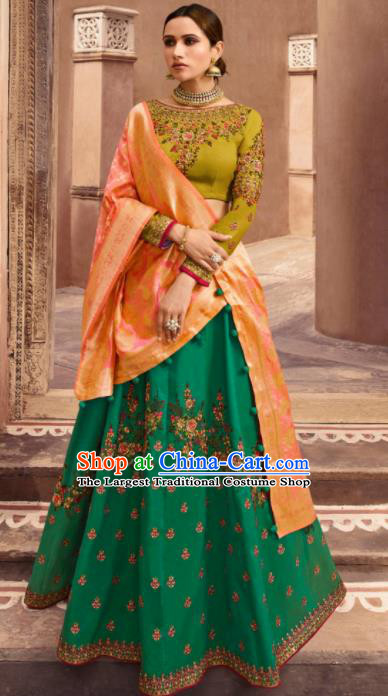 Traditional Indian Embroidered Lehenga Deep Green Silk Dress Asian India National Bollywood Costumes for Women