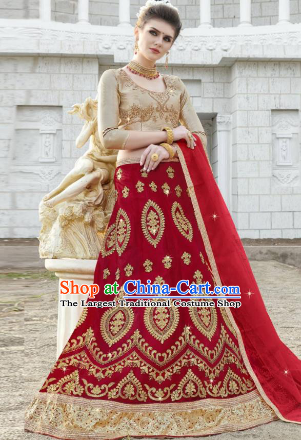 Traditional Indian Embroidered Lehenga Red Dress Asian India National Bollywood Costumes for Women