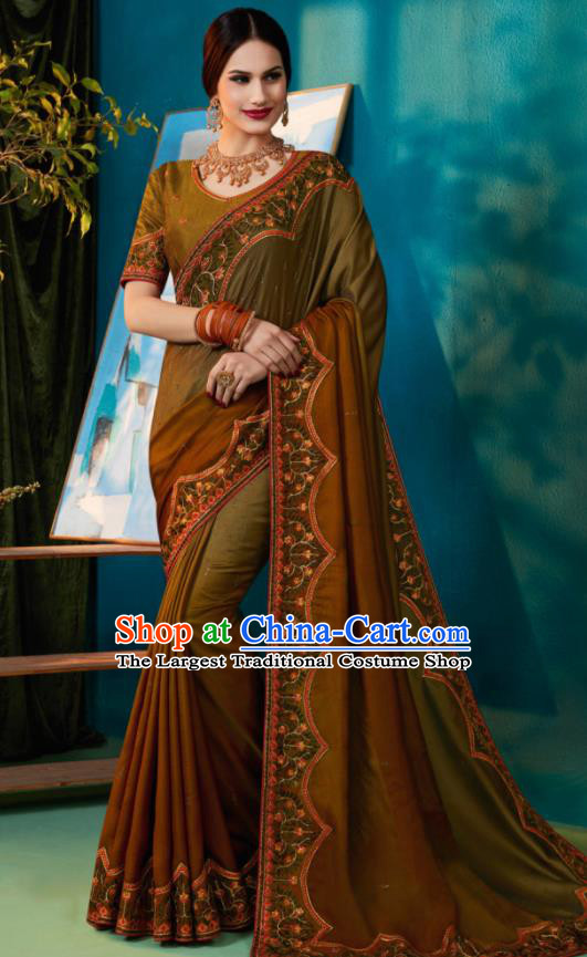 Traditional Indian Sari Embroidered Olive Green and Brown Silk Dress Asian India National Bollywood Costumes for Women