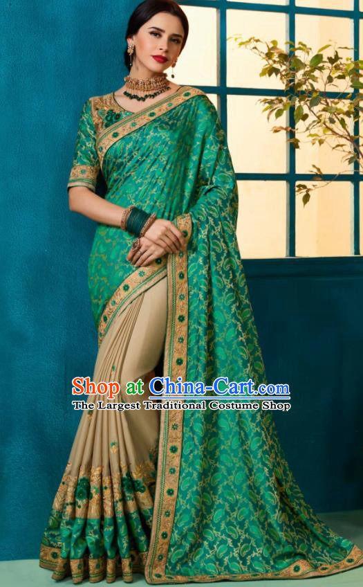 Traditional Indian Sari Embroidered Green and Khaki Silk Dress Asian India National Bollywood Costumes for Women