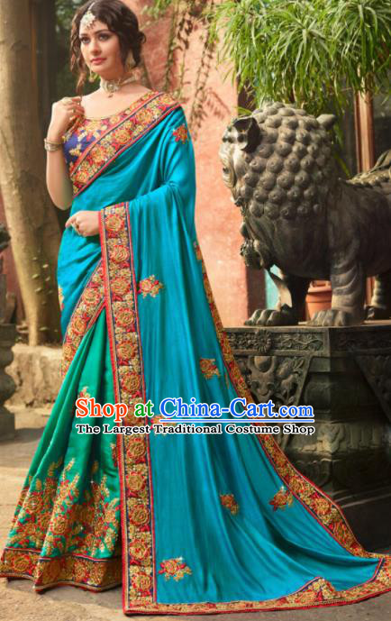 Traditional Indian Court Bride Embroidered Blue Sari Dress Asian India National Bollywood Costumes for Women