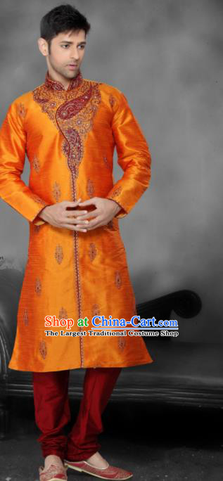 Asian Indian Sherwani Bridegroom Embroidered Orange Clothing India Traditional Wedding Costumes Complete Set for Men