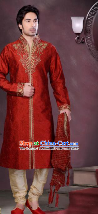 Asian Indian Wedding Sherwani Bridegroom Red Silk Clothing India Traditional Embroidered Costumes Complete Set for Men