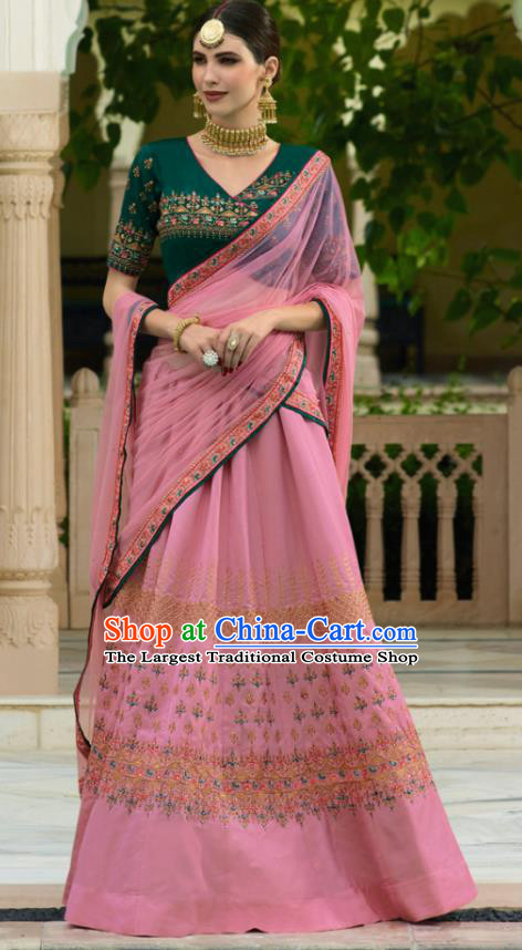 Traditional Indian Court Queen Embroidered Pink Georgette Sari Dress Asian India National Bollywood Costumes for Women