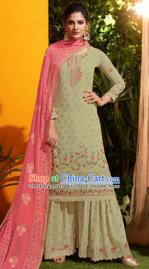 Traditional Indian Lehenga Embroidered Light Green Georgette Blouse and Pants Asian India Punjab National Costumes for Women