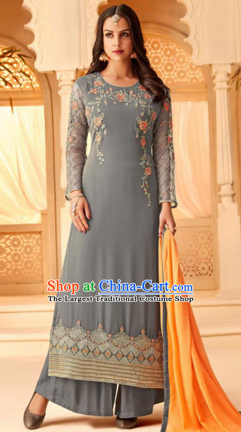 Traditional Indian Punjab Grey Georgette Blouse and Pants Asian India National Costumes for Women