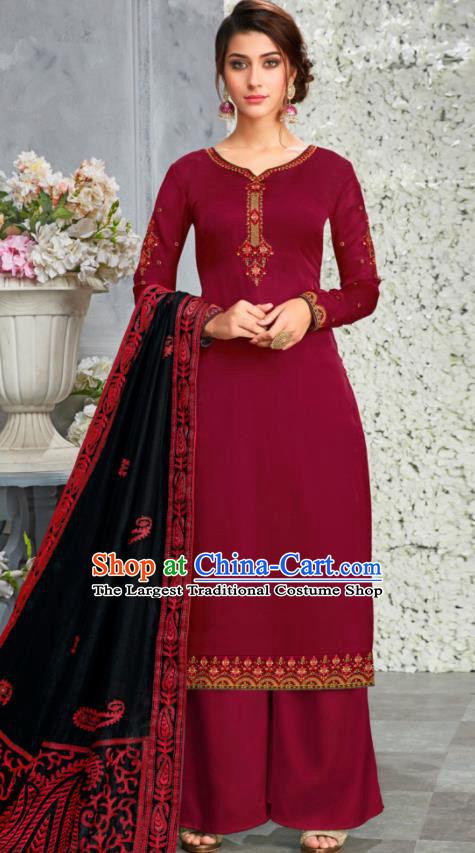 Traditional Indian Lehenga Embroidered Wine Red Blouse and Pants Asian India Punjab National Costumes for Women