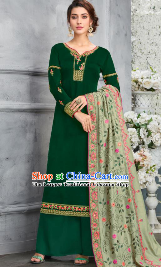 Traditional Indian Lehenga Embroidered Deep Green Blouse and Pants Asian India Punjab National Costumes for Women