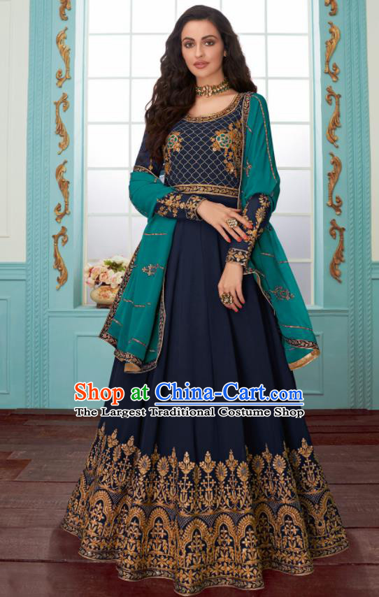 Traditional Indian Bollywood Embroidered Navy Anarkali Dress Asian India National Costumes for Women