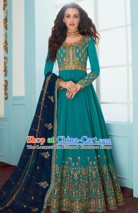Traditional Indian Bollywood Embroidered Blue Anarkali Dress Asian India National Costumes for Women