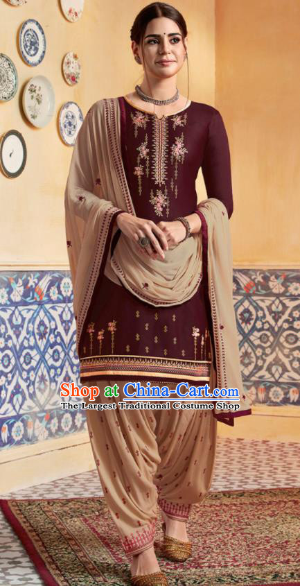Traditional Indian Punjab Wine Red Satin Blouse and Apricot Pants Asian India National Costumes for Women