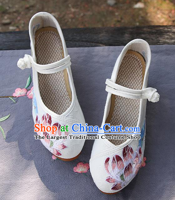 Chinese National Embroidered Lotus White Shoes Traditional Hanfu Shoes Opera Shoes Wedding Bride Shoes for Women