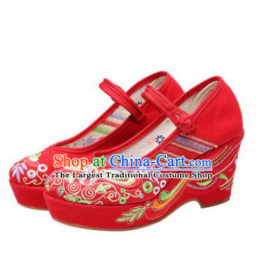 Chinese National Red Embroidered High Heels Shoes Traditional Hanfu Shoes Opera Shoes Wedding Bride Shoes for Women