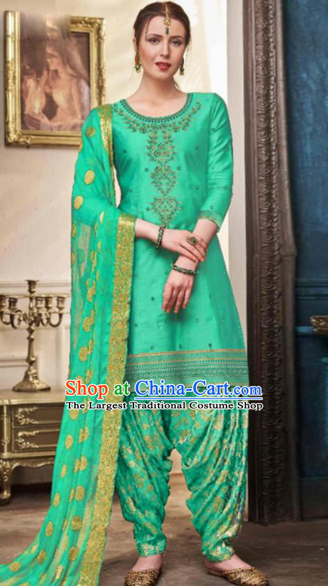 Traditional Indian Punjab Green Satin Blouse and Pants Asian India National Costumes for Women