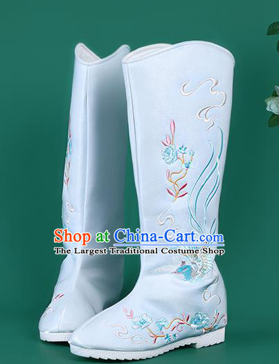 Chinese Traditional Embroidered Blue High Boots Hanfu Shoes Embroidered Boots for Women