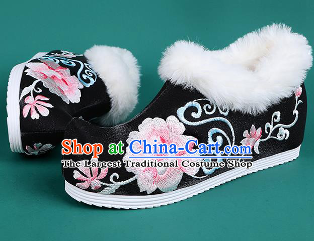 Chinese Traditional Winter Black Ankle Boots Hanfu Shoes Embroidered Boots for Women