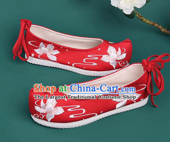 Chinese Traditional Embroidered Lotus Red Shoes Hanfu Shoes Princess Shoes for Women