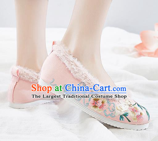 Traditional Chinese Winter National Pink Shoes Embroidered Flowers Shoes Hanfu Shoes for Women