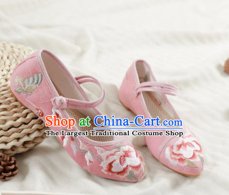 Traditional Chinese National Embroidery Peony Pink Shoes Embroidered Shoes Hanfu Shoes for Women