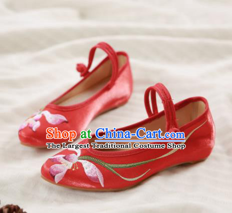 Traditional Chinese National Embroidery Lotus Red Shoes Embroidered Shoes Hanfu Shoes for Women