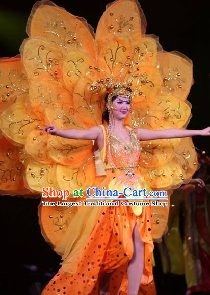 Chinese Impression of Suzhou Classical Flower Dance Orange Dress Stage Performance Costume and Headpiece for Women