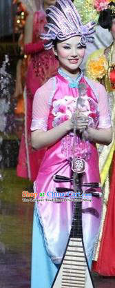 Chinese Impression of Suzhou Classical Dance Rosy Dress Stage Performance Costume and Headpiece for Women