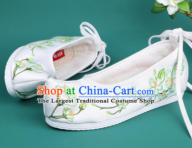 Chinese Traditional Embroidered Sakura Cotton Padded Shoes Hanfu Shoes Princess White Shoes for Women