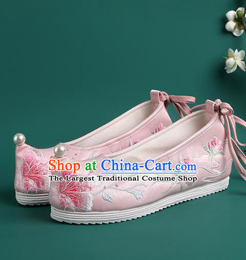 Chinese Pearl Shoes Traditional Wedding Pink Embroidered Shoes Hanfu Shoes Princess Shoes for Women