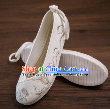 Traditional Chinese Handmade Hanfu Shoes Embroidered Butterfly Orchid White Shoes Cloth Shoes for Women