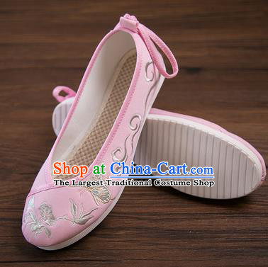 Traditional Chinese Handmade Hanfu Shoes Embroidered Butterfly Orchid Pink Shoes Cloth Shoes for Women