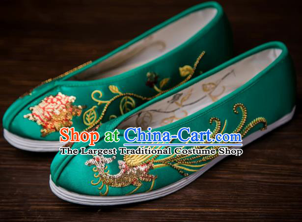 Traditional Chinese Handmade Wedding Green Satin Shoes Hanfu Shoes Embroidered Shoes for Women