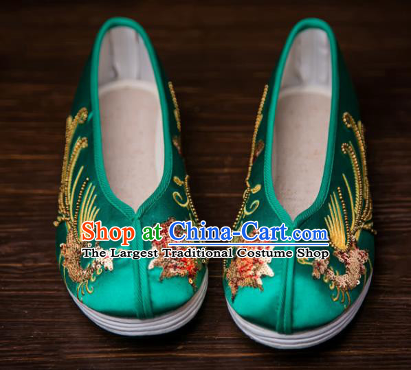 Traditional Chinese Handmade Wedding Green Satin Shoes Hanfu Shoes Embroidered Shoes for Women